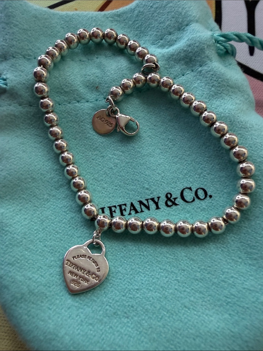 Tiffany & Co. Silver Bead Bracelet with Heart Tag on Signature Blue Pouch